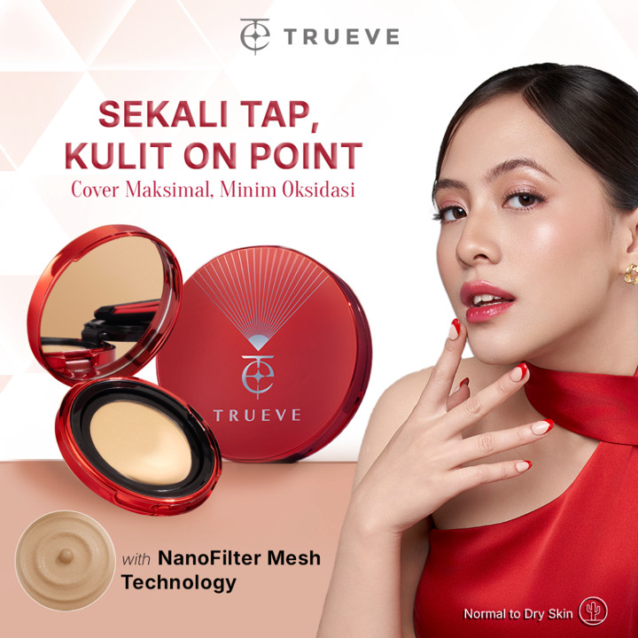 TRUEVE Radiant Hi-Cover Mesh Cushion - High Coverage Tahan Lama, Minim Oksidasi, Poreless Radiant Glow Finish, Skincare Kulit Normal Kulit Kering, Cover Blur (5X Ceramide + Snow Mushroom + Centella Asiatica)