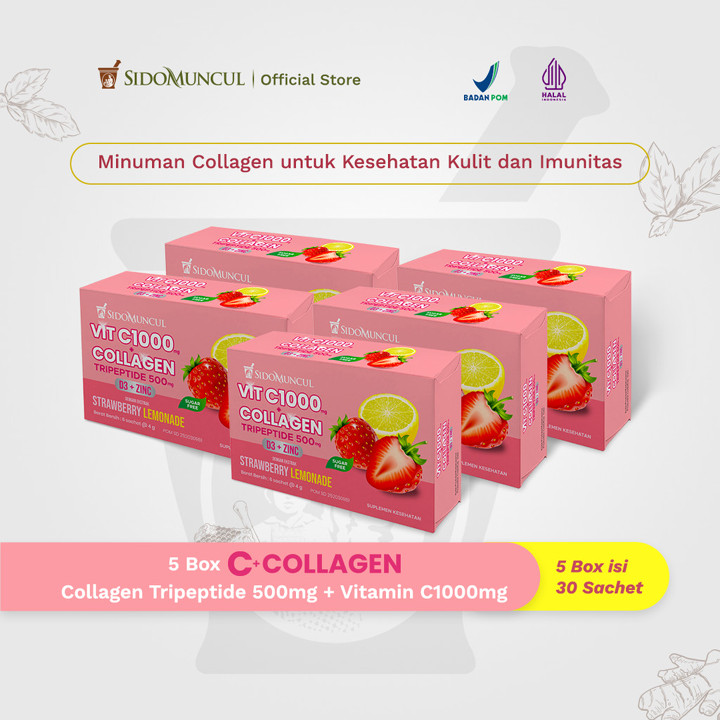 C+Collagen 5 Box Isi 30 Sachet - Minuman Collagen Tripeptide 500mg + Vit C 1000mg untuk Kesehatan Kulit dan Imunitas