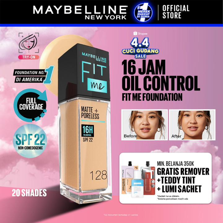 MAYBELLINE OFFICIAL Fit Me Matte + Poreless Liquid Foundation Make Up 30ml SPF 22 Makeup Ringan High Cover 16 Jam Oil Control Cushion Foundation Bedak Padat Cushion Foundation Bedak Padat Concealer BB Cream Foundation Waterproof Skin Tint Fondation