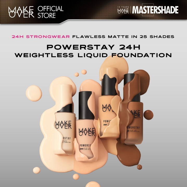 [SPECIAL MASTERSHADE] MAKE OVER Powerstay 24H Weightless Liquid Foundation - High Coverage Wajah Flawless Ringan Poreless Oil Control Make Up Tahan Lama 24 Jam BEST SELLER Somethin Time Less w Maybe Euphoria