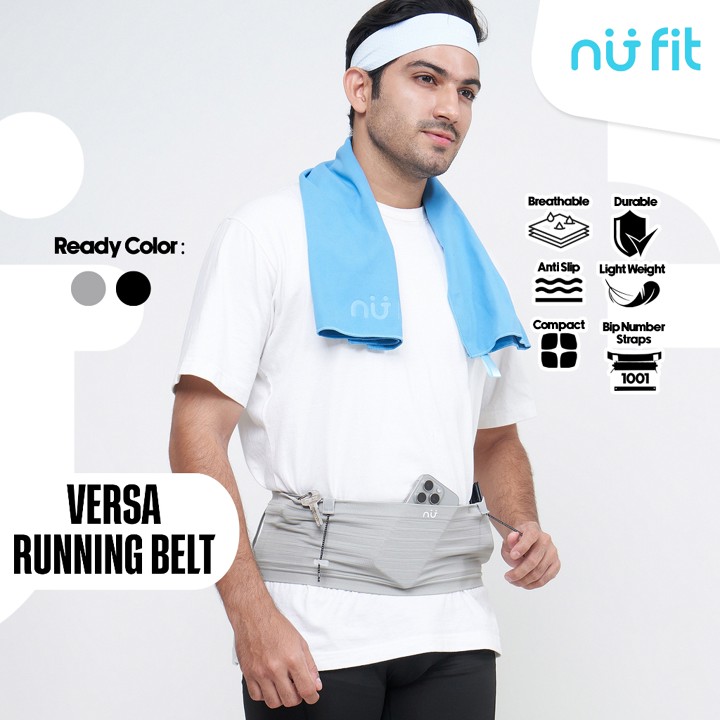 Nu Fit - (HITAM DAN ABU) Versa Running Belt - Tas Lari Unisex dengan BIB - Tas Pinggang Olahraga Multi Fungsi - Tas Lari Pria Elastis