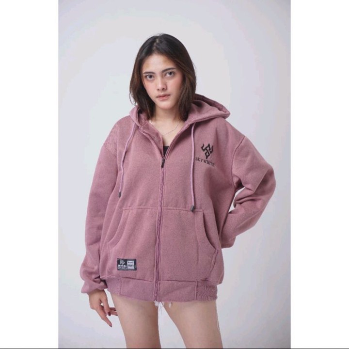 HOODIE ZIPPER SWEATER SKYWHITE BORDIR TIMBUL BAHAN GRAMASI 280 HALUS DAN TEBAL