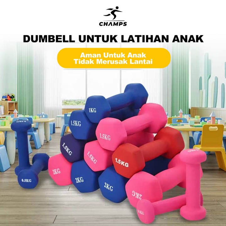 CHAMPS Dumbbell Vinyl 1–3KG Anti Slip – Barbel Ringan Alat Fitness Rumahan untuk Workout & Senam