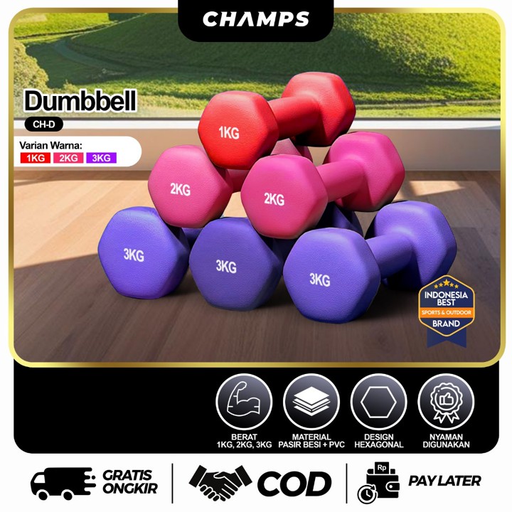 CHAMPS Dumbbell Neoprene PVC 1-3KG – Barbel Fitness Anti Slip, Alat Gym Rumah Murah Pemula