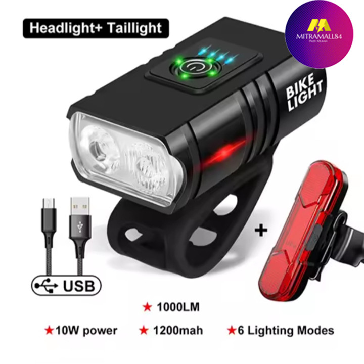 Lampu Sepeda LED Super Terang 1000 Lumens Depan Belakang T6 USB Rechargeable 6 M