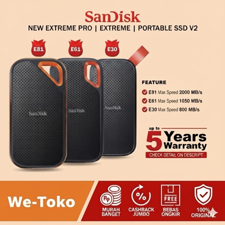 SSD EXTERNAL PORTABLE SANDISK EXTREME PRO TYPE C 3.2 SSD EKSTERNAL  Free Kabel D