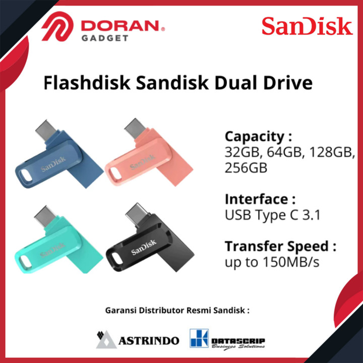 Flashdisk Sandisk Dual Drive OTG SDDDC3 Type C 32GB 64GB 128gb 256GB Original Ga