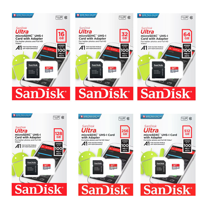 MEMORY CARD SANDISK ULTRA 16GB 32GB 64GB 128GB 256GB 512GB A1 SDHC CLASS 10 100M