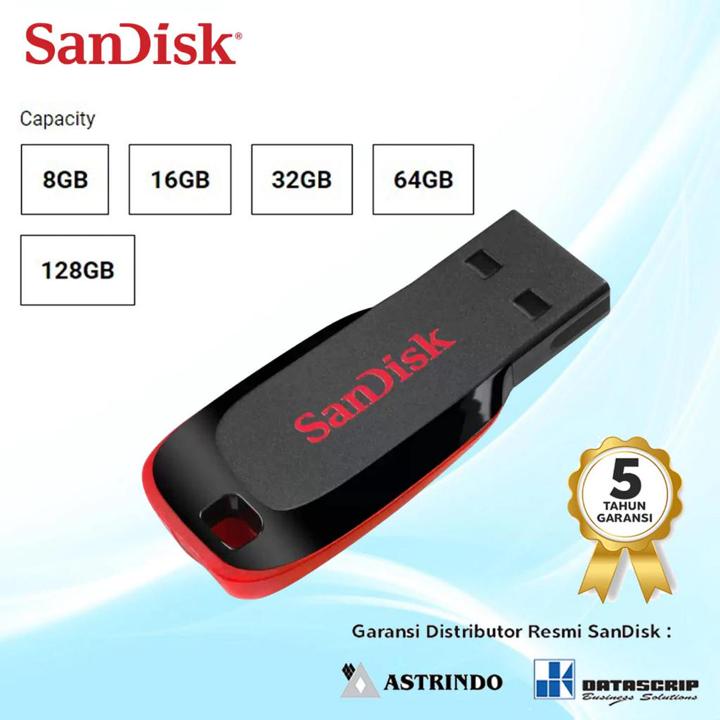 Flashdisk Sandisk Cruzer Blade CZ50 8GB 16GB 32GB 64GB 128GB USB2.0 Ori Resmi