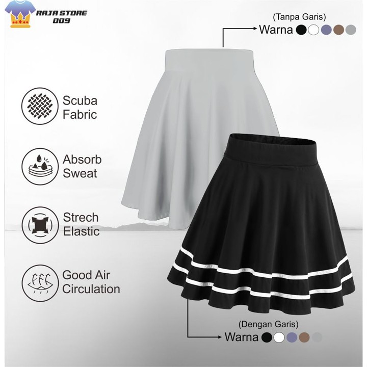 Rok Mini Sport Wanita Garis dan Polos | Bahan Skuba, Nyaman Dipakai Workout Zumb