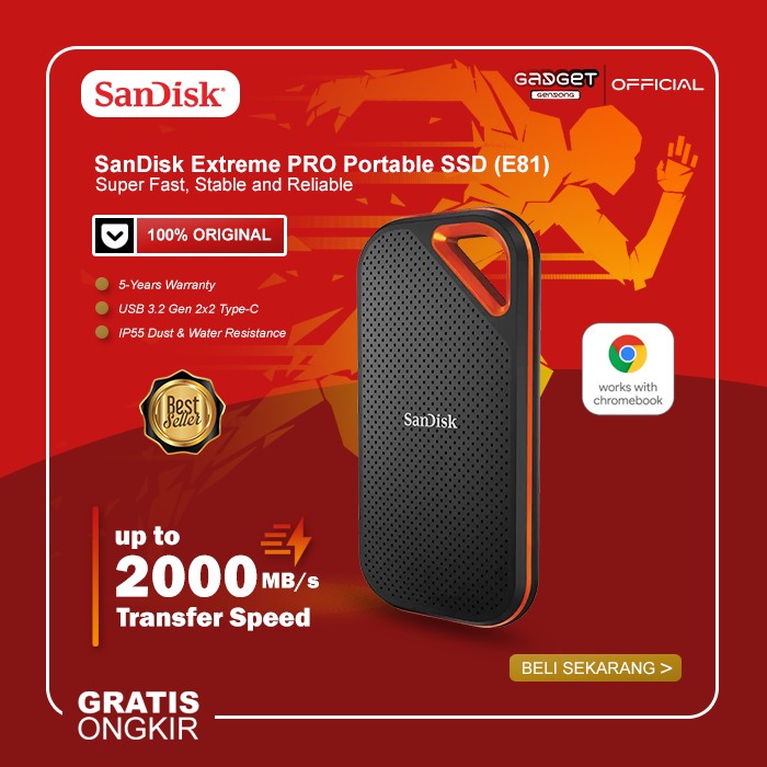 SSD EXTERNAL SANDISK PORTABLE SSD EKSTERNAL 520/1050/2000 MB/S USB 3.2 - E30 E61