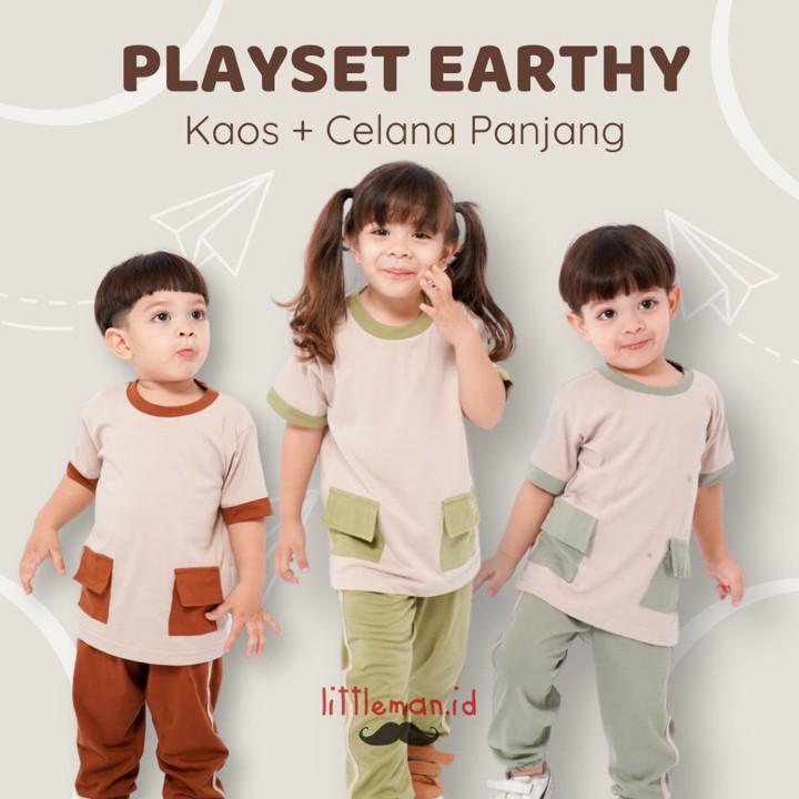 Playset Anak Earthy Series Setelan Kaos Baju Celana Panjang Laki Perempuan Premium Littleman.id