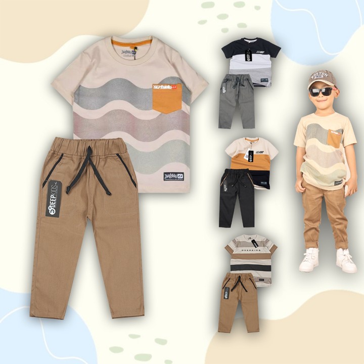 Setelan Anak Laki Laki Kaos & Celana Chinos Panjang Usia 1-12 Tahun Set Pastel Chinos Panjang