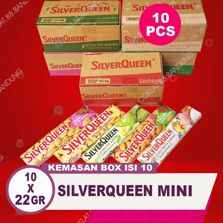Silverqueen 22gr Mini 1 Box Isi 10 pcs Almond Mede Mix Rasa Lengkap, Coklat  Silver Queen Chunky Bar