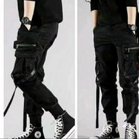 celana cargo Korean style hitam pekat pull.celana panjang pr
