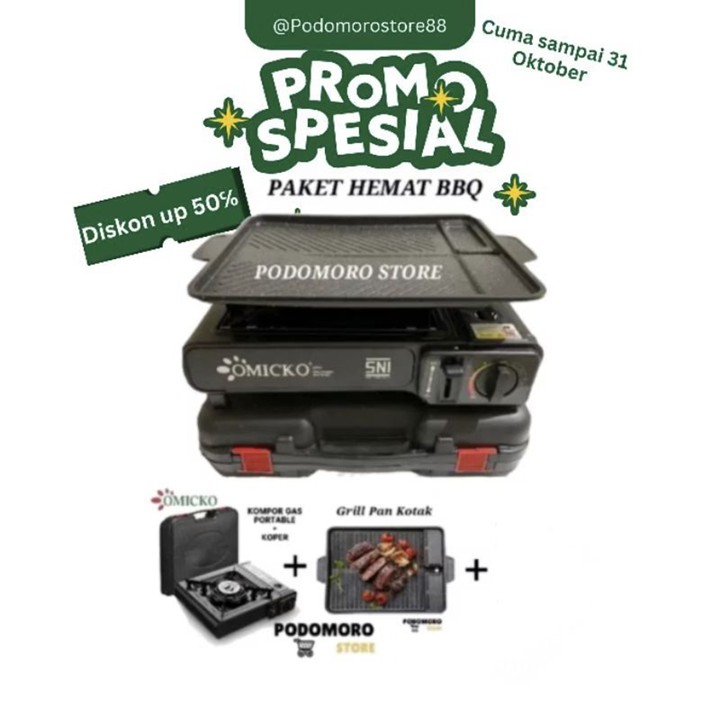 PAKET KOMPOR PORTABLE OMICKO 2 IN 1 / KOMPOR BBQ PORTABEL PLUS COVER SNI