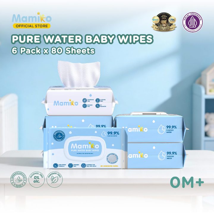 Mamiko Wet Tissue Baby Wipes Pure Water Hand Mouth 80s (6 Pack) - Tisu Basah Bayi