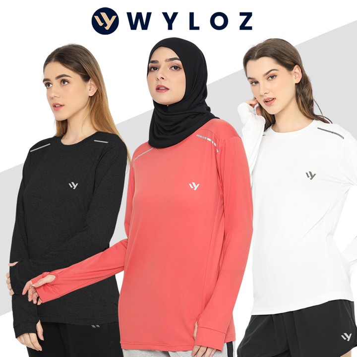 WYLOZ Baju Kaos Training Olahraga Lengan Panjang Wanita Jersey Senam Lari Running Sepeda Gym Fitness Yoga Quick Dry Fit T-Shirt Sport Jumbo Big Size Active Cewek Perempuan Muslimah Jempol Bolong Thumbshole