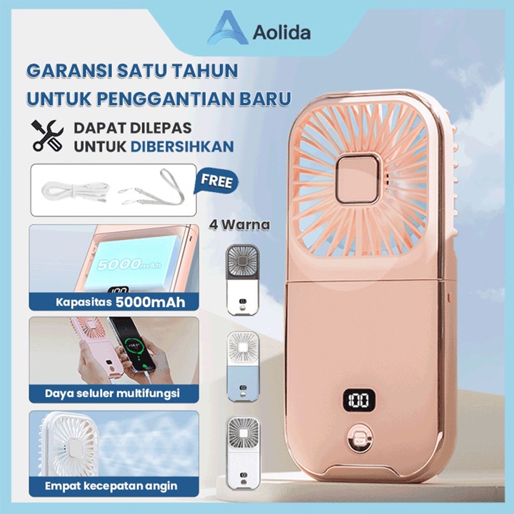 Aolida Kipas Angin Portable Mini Type-C USB LED Menunjukkan Lipat Dudukan Ponsel Dan Powerbank 5000mAh Baterai Tahan Lama  Cocok Untuk Kantor Sekolah Olahraga Luar Ruangan