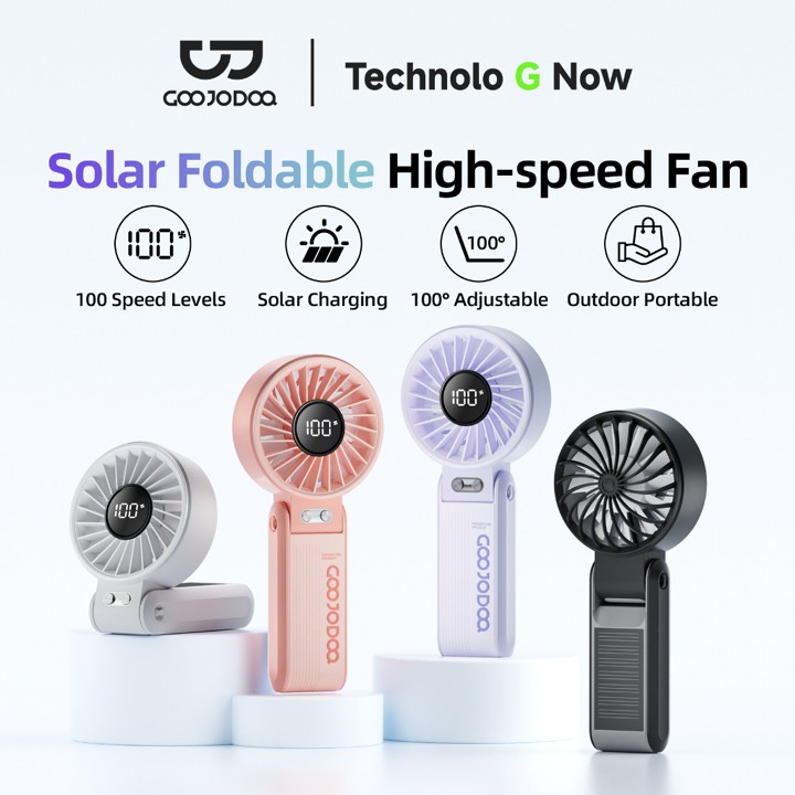 GOOJODOQ Solar Power Mini Fan 4000 mAh Foldable Handheld Turbo Jet Rechargeable Strong Wind GFS014