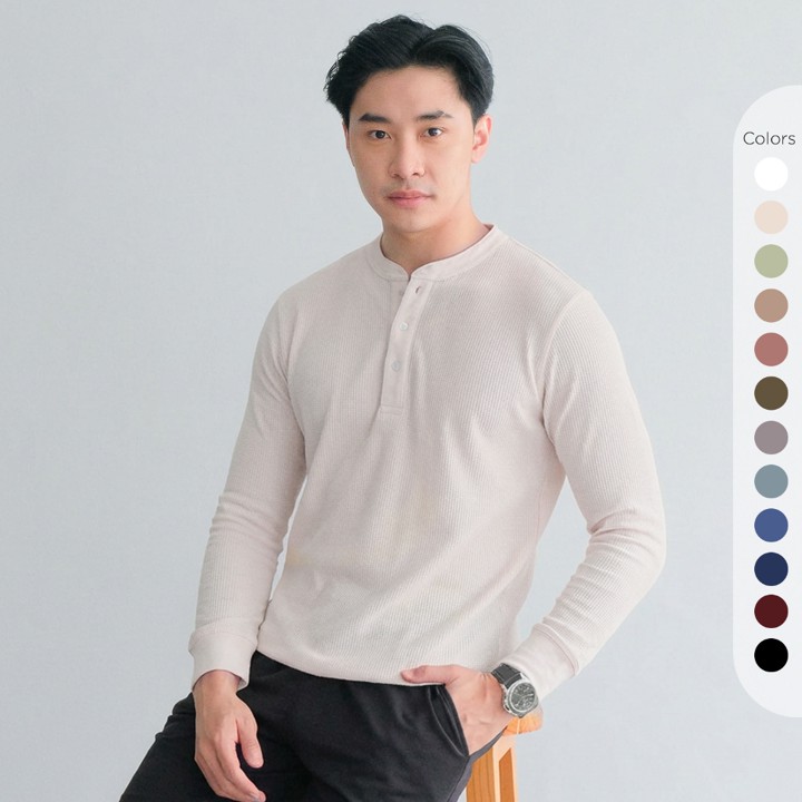 Isla for Men Smith Waffle Henley Neck T-Shirt Long Sleeve - Atasan Pria Lengan Panjang - Baju Pria - Baju Laki-laki - Baju Lebaran - Outfit Lebaran