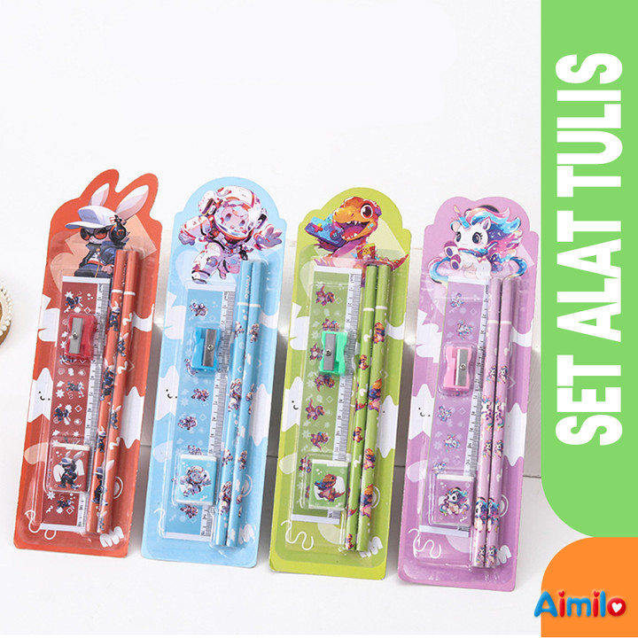 Set Alat Tulis 5in1 Pensil Set Anak Pensil Lucu Dan Penghapus Untuk Tempat Pensil Buku Tulis Sekolah