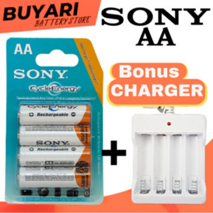 GRATIS CHARGER!! Baterai AA Sony 4600mAh Isi 4 Cas Rechargeable Recharge dan Charger Charge Isi Ulang Murah Sony Batre AA Rechargeable Charger Cas Ulang Recharger Baterai Cas Casan AA A2 Besar Mobil Remote Mobil Remot Charger Baterai AA AAA 4 Slot