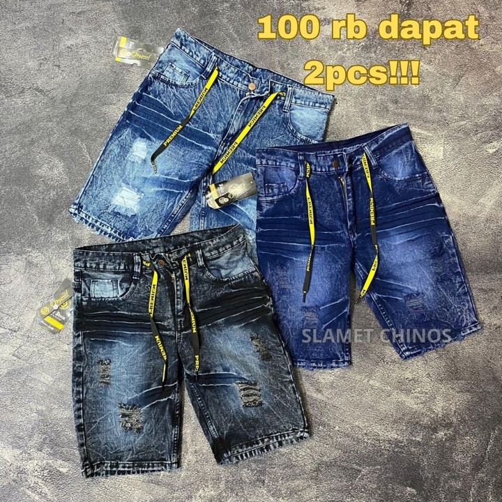 Paket Hemat 100rb Dapat 2pcs!!! Celana Jeans Pendek Pria Sobek Premium Model Tacling Denim