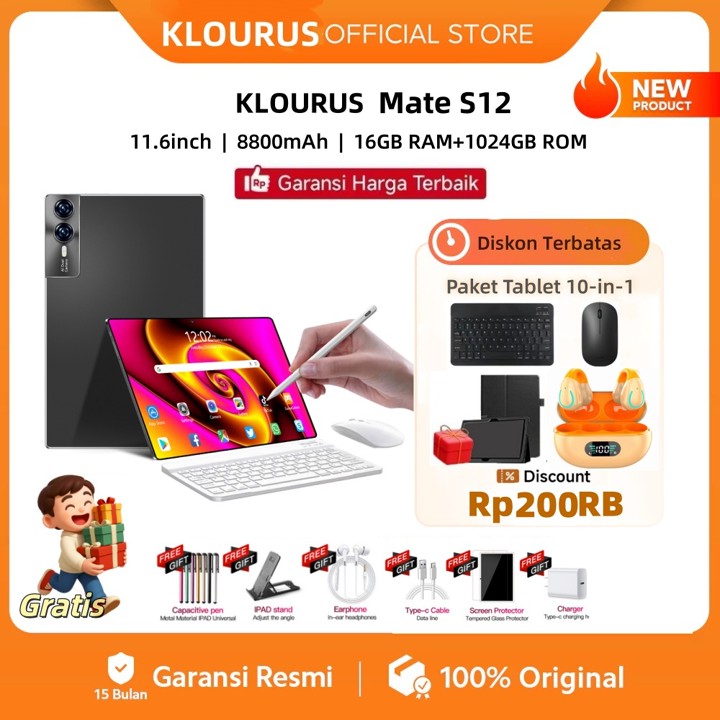 ​​[Free Keyboard+Mouse+Case]KLOURUS Tablet MateS12 (16GB + 1