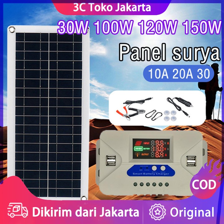 Panel surya 30W 100W 120W 150W+Solar Charge Controller LCD LED Display 12V/24V 1