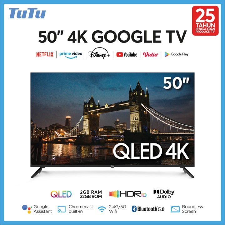 TUTU 50 inch Google Smart TV 4K QLED 2GB+32GB Dolby Audio HDR 10 Google Assistan