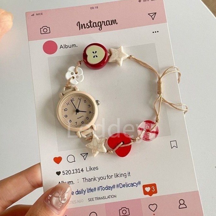 Jam Tangan Wanita Bertenaga Kuarsa Dengan Desain Jarum Jam Minimalis Gelang Manik Bentuk Hati Apple Ukuran Dapat Disesuaikan Jam Tangan Yang Elegan