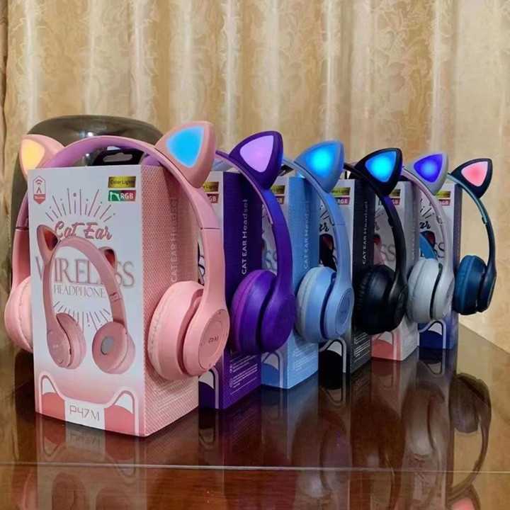 Headphone wireless bluetooth led cat ears p47m headset bando kucing