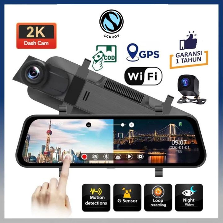 SCUDOS Dashcam Mobil 2K HD 10 Inch Layar Sentuh IPS Night Vision Dual Lens Perekaman Loop 24 jam CCTV MOBIL
