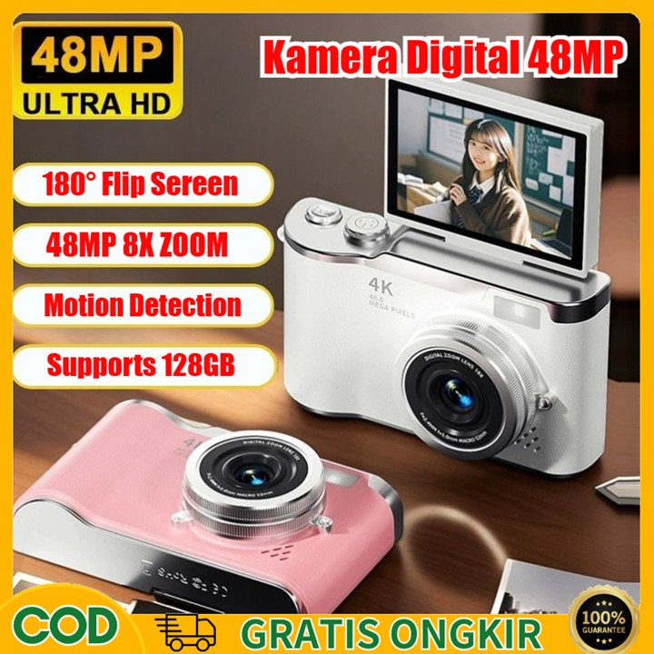 [COD] Digital Camera 48MP 4K HD Kamera Digital Dengan Flash  Mini Kamera Fotografi Layar Flip 180° Zoom 8X Selfie Mini Kamera CCD