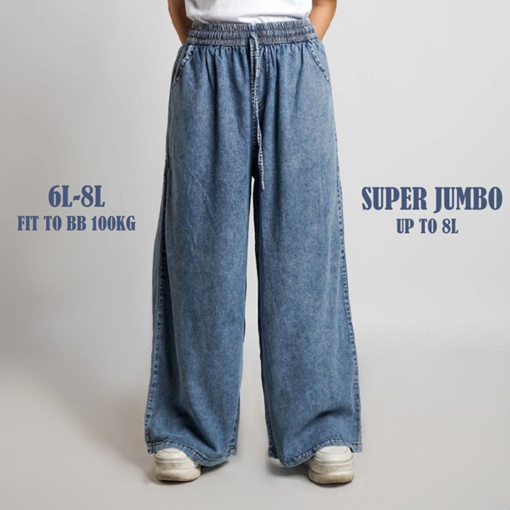 Celana Kulot Panjang Jeans Wanita Fit Super Jumbo 100kg Bigsize Jumbo Pinggang Karet Coco DLINE