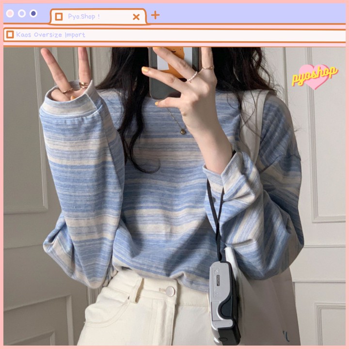 Oversize Tee Tshirt Kaos Import Longgar Motif GARIS LENGAN PANJANG