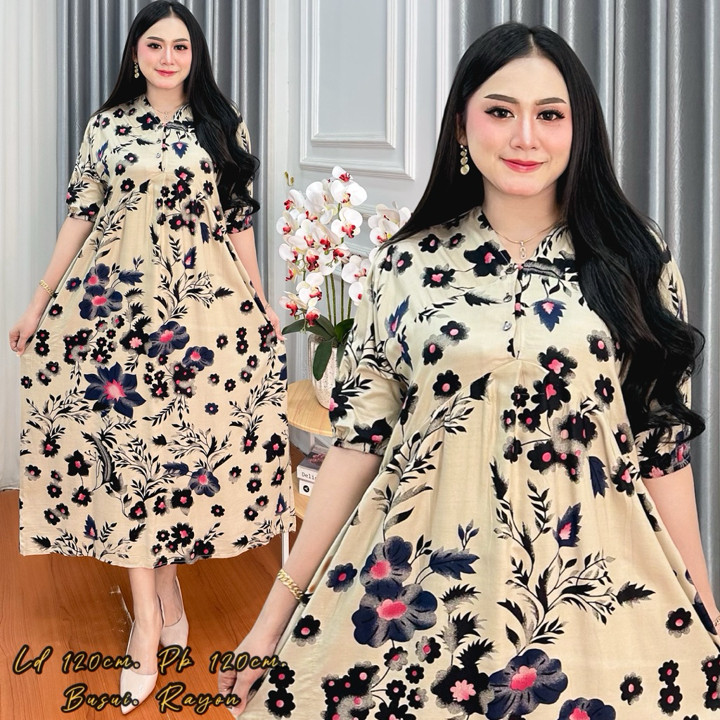 Dress Marisa Rayon Motif Kekinian Panjang Semata Kaki Bumil Busui Friendly