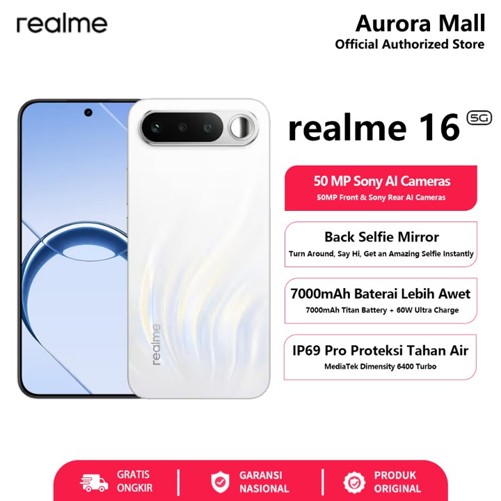 realme 16 5G 8/256GB 12/256GB 50MP Front & Sony Rear AI Cameras 100% 0riginal Garansi Resmi