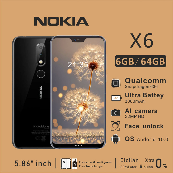 Nokia x6 (6.1plus)   ram 6GB+rom64GB  dual sim  garansi resmi  type-c  hp murah  nokia android android tebaru