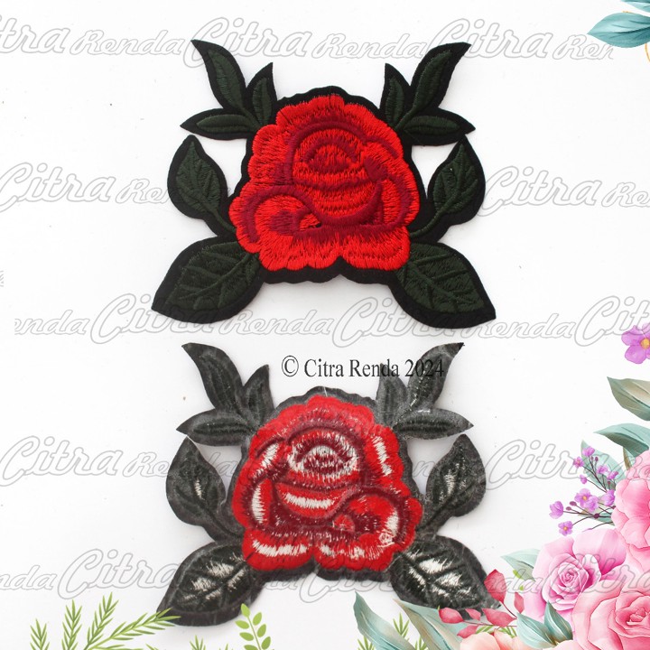 (Per Pcs) AP718 Iron Patch Bunga Mawar Cantik Daun Hijau Lum