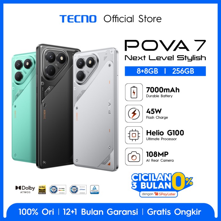 TECNO POVA 7 8+8GB*/256GB, 7000 mAh, Mediatek Helio G100 Ultimate, 120Hz Vivid Display , 108MP + 2MP Macro Camera, Android 15 - HiOS 15 POVA7