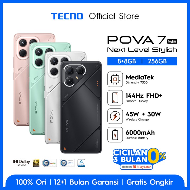 TECNO POVA 7 5G 8+8GB*/256GB, 6000 mAh, Mediatek D7300 Ultimate, 144Hz Smooth Display , 50MP Primary Camera, Wireless Powerbank, Android 15 - HiOS 15 - POVA7