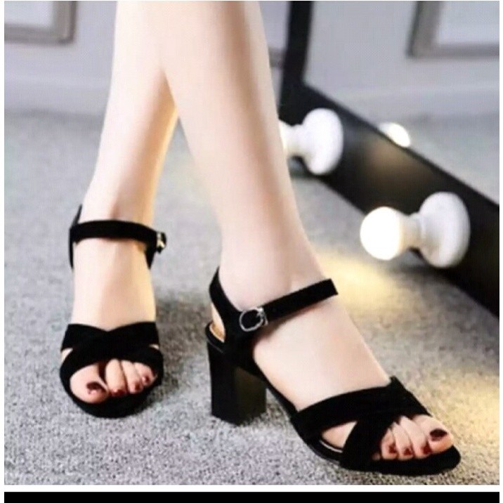 sandal hels wanita hak tahu 5 cm silang tali shy-0025