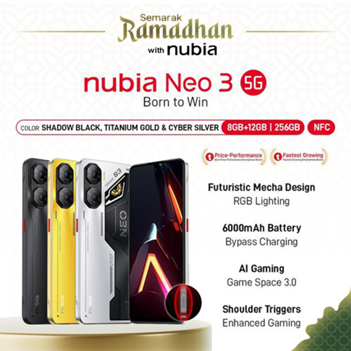Handphone Gaming nubia Neo 3 5G RAM 20 GB (8 + 12 GB) ROM 256GB 6000 mAH Fast Charging 33W Garansi Resmi