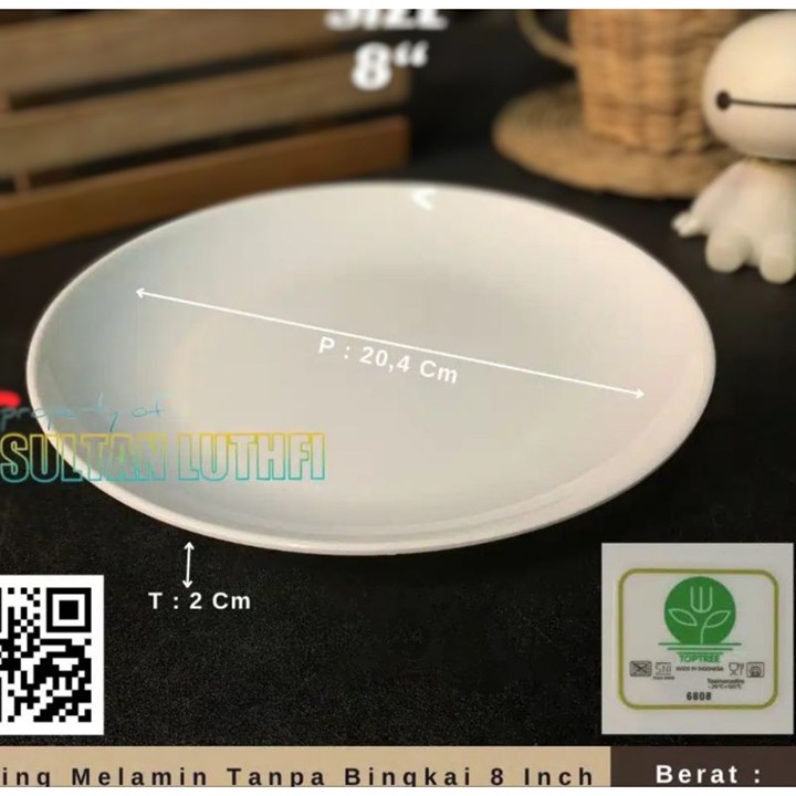 Piring Melamin Tanpa Bingkai 8 Inch Polos P6808-117 (Putih)