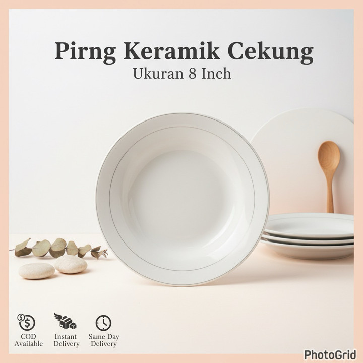 PIRING MAKAN KERAMIK 20cm CEKUNG LIST EMAS Satuan