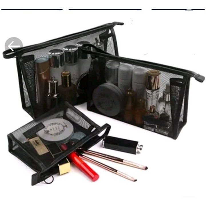Tas Kosmetik Jaring Polyster Hitam bepergian dengan Ritsleti