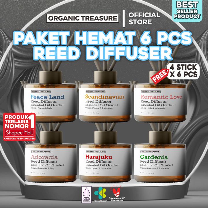 ORGANIC TREASURE - PAKET HEMAT 6 PCS [50ML] Reed Diffuser Aromatherapy with Essential Oil Grade+ All Variant Best Seller [FREE 4 STICK]