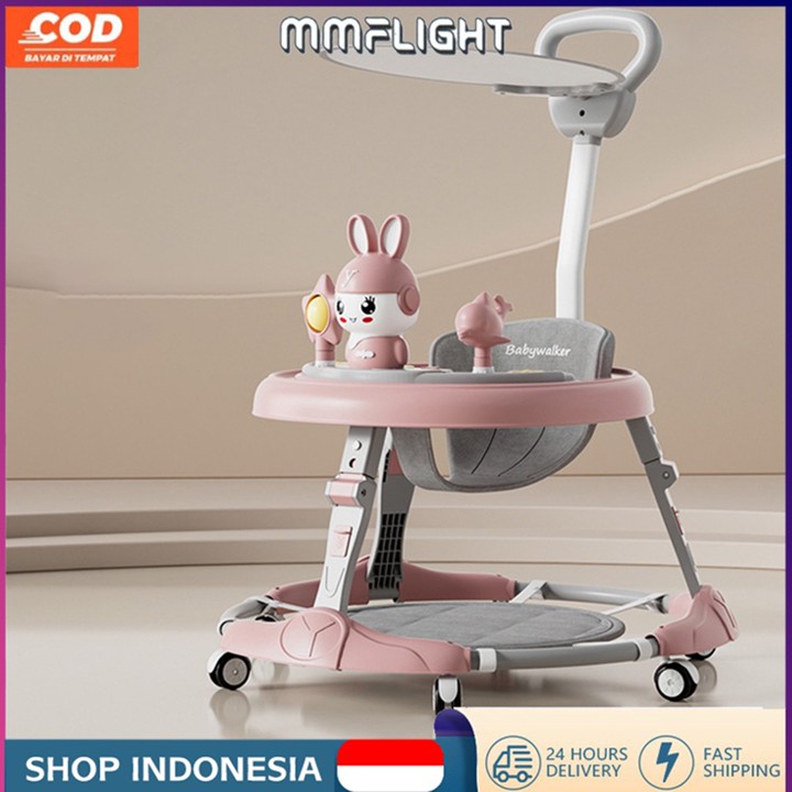 Mmflight Baby Walker Lipat Mainan Musik Walker Alat Bantu Jalan Bayi